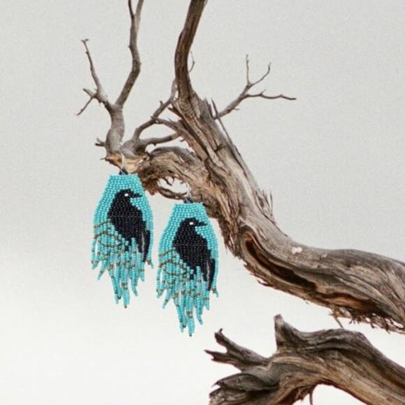 2/$20 Black Bird Teal Bead Fringe Raven Southwestern Earrings - Picture 8 of 8